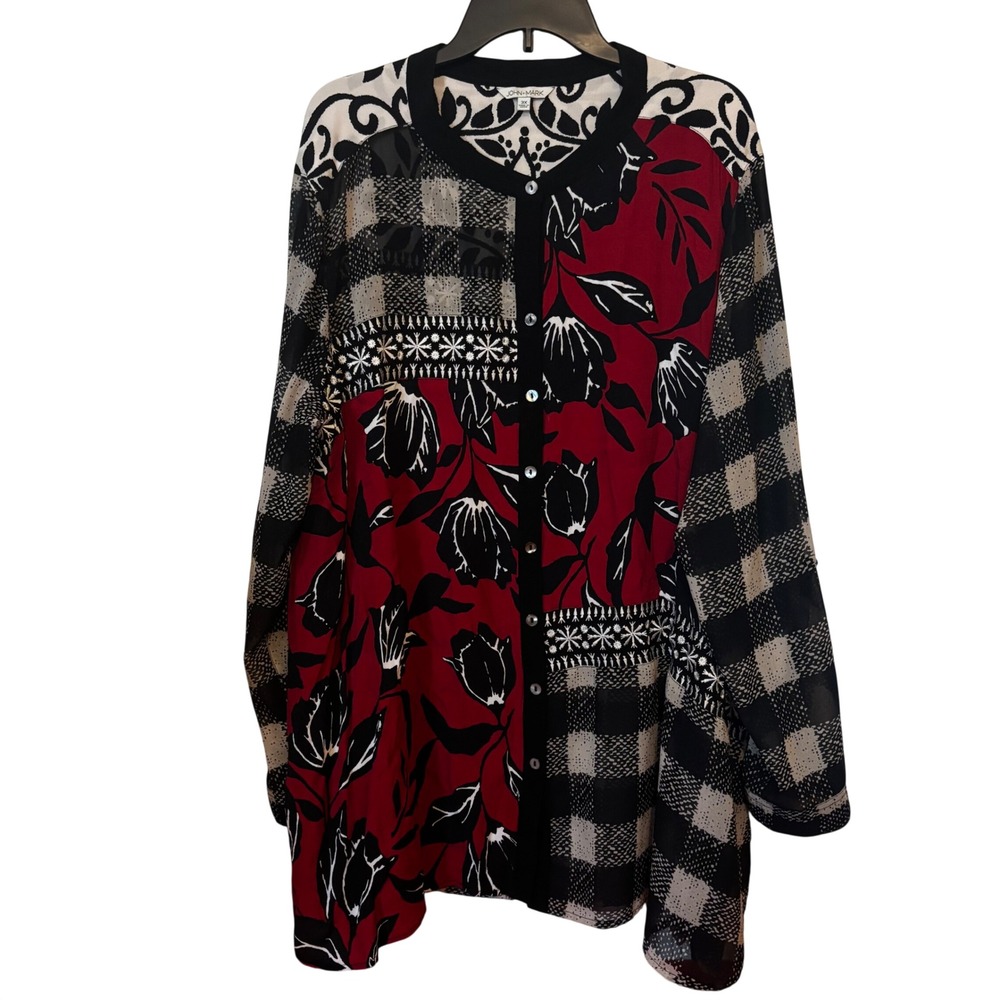 John Mark Women's Tunic Top 3X EUC Mixed Media Embroidered Floral Button Front